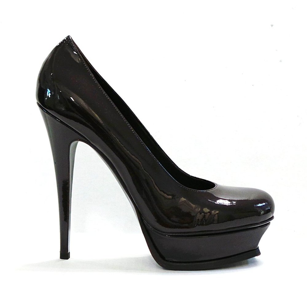 YSL SAINT LAURENT Brown Patent Tribute Pump Heel